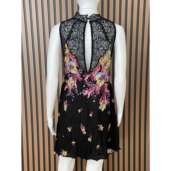 Free People Marsha Women's Dress Slip Lace Handkerchief Hem Boho S Black Floral - Picture 2 of 7